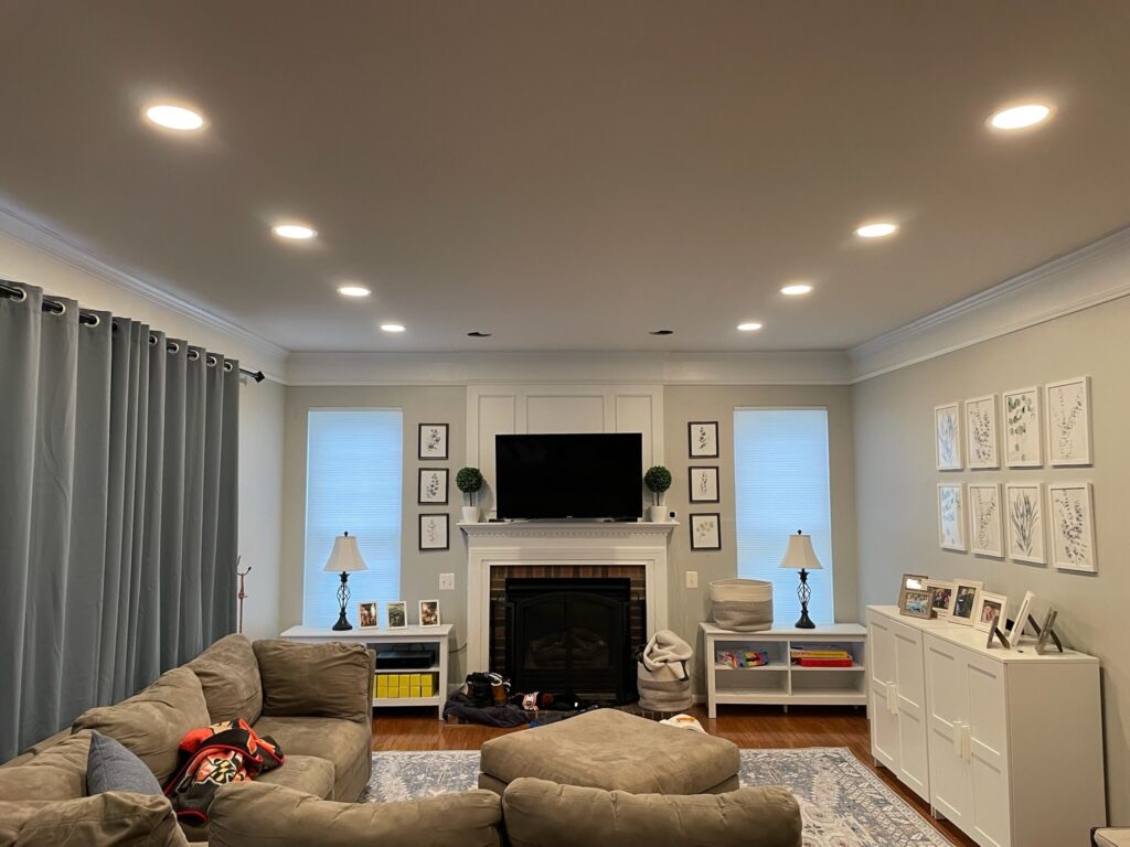 Living room with elegant recessed lighting installed by TLEEF Electric